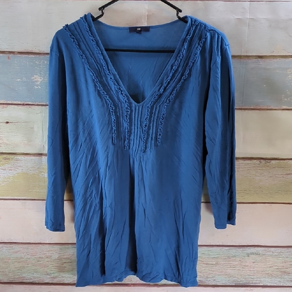 GAP Tops - GAP Women's Deep Blue V-Neck Ruffle Blouse
